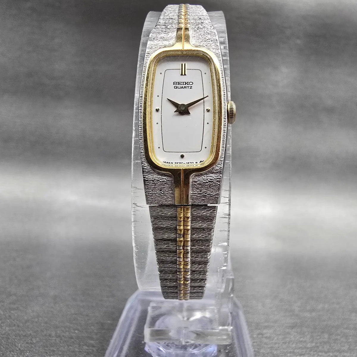 Seiko Watch Women 12mm White Dial Two Tone Rectangle 2E20-6319 New Battery Jp345