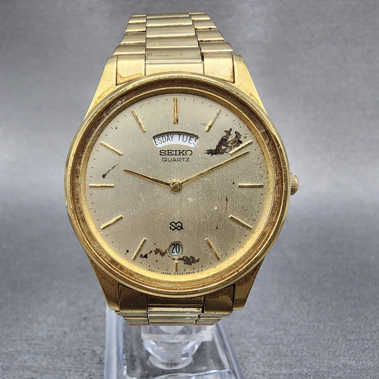 Seiko SQ Watch Men 35mm Champagne Dial Gold Tone Round Daydate 5y238049 PARTS0