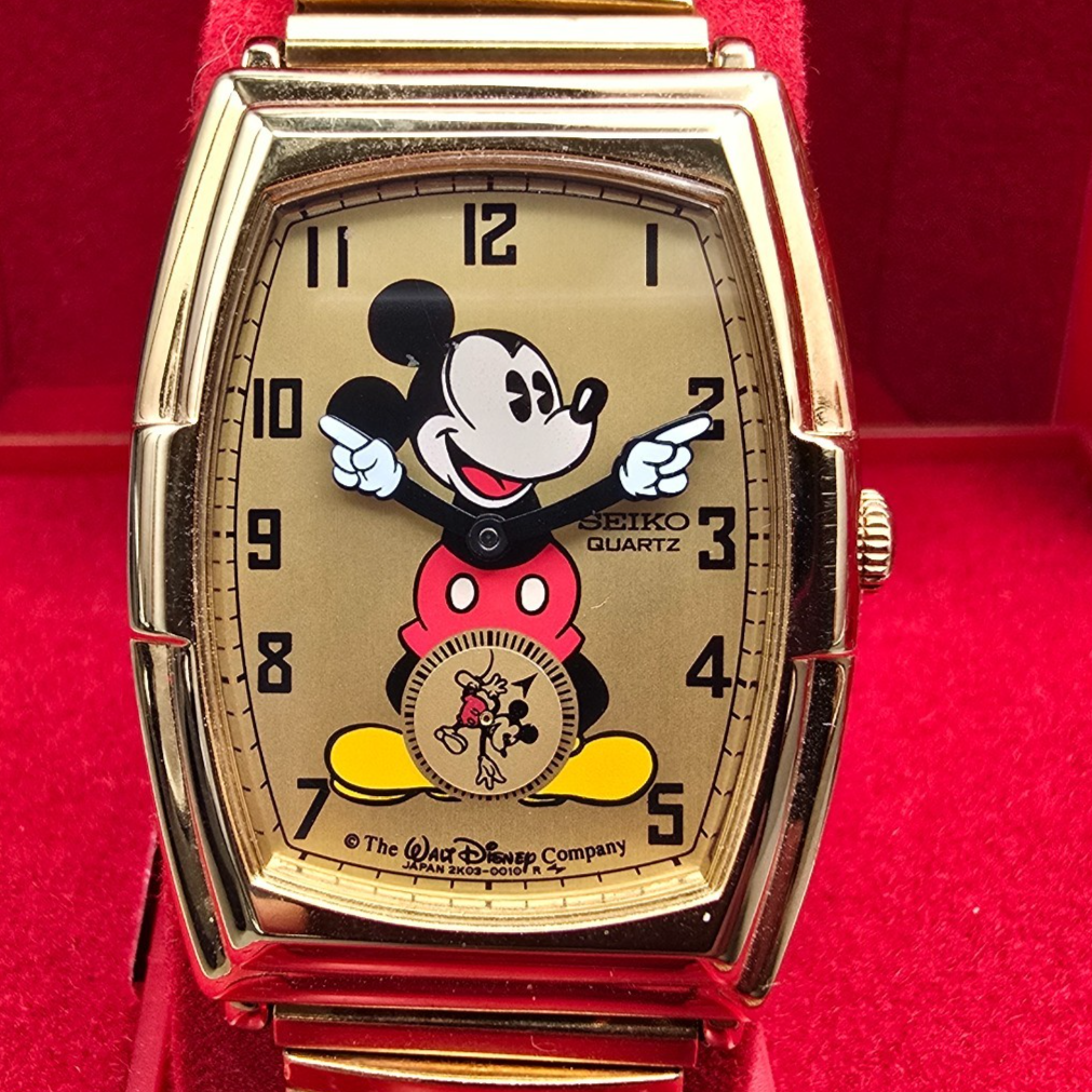 Seiko Mickey Mouse Watch Men 27mm Gold Dial Gold Tone 2K03-5009 New Battery2