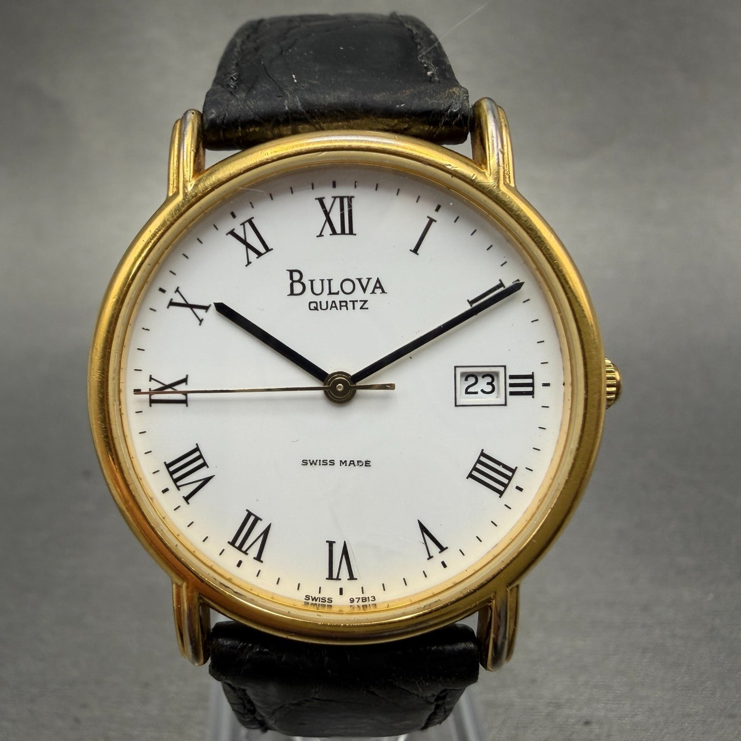 Bulova Watch Men 34mm White Dial Gold Tone Date Round 97B13 New Battery Vintage0
