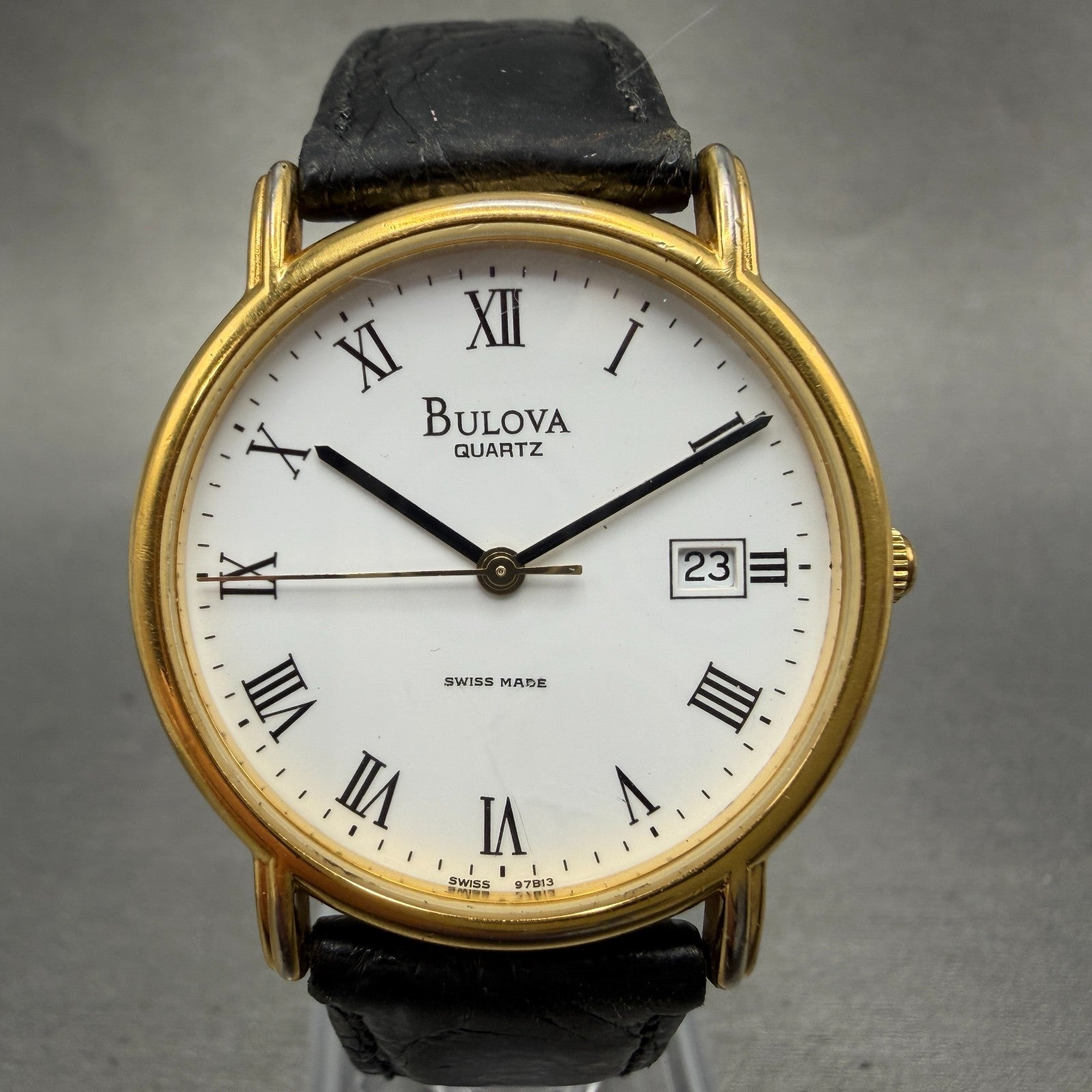 Bulova Watch Men 34mm White Dial Gold Tone Date Round 97B13 New Battery Vintage0