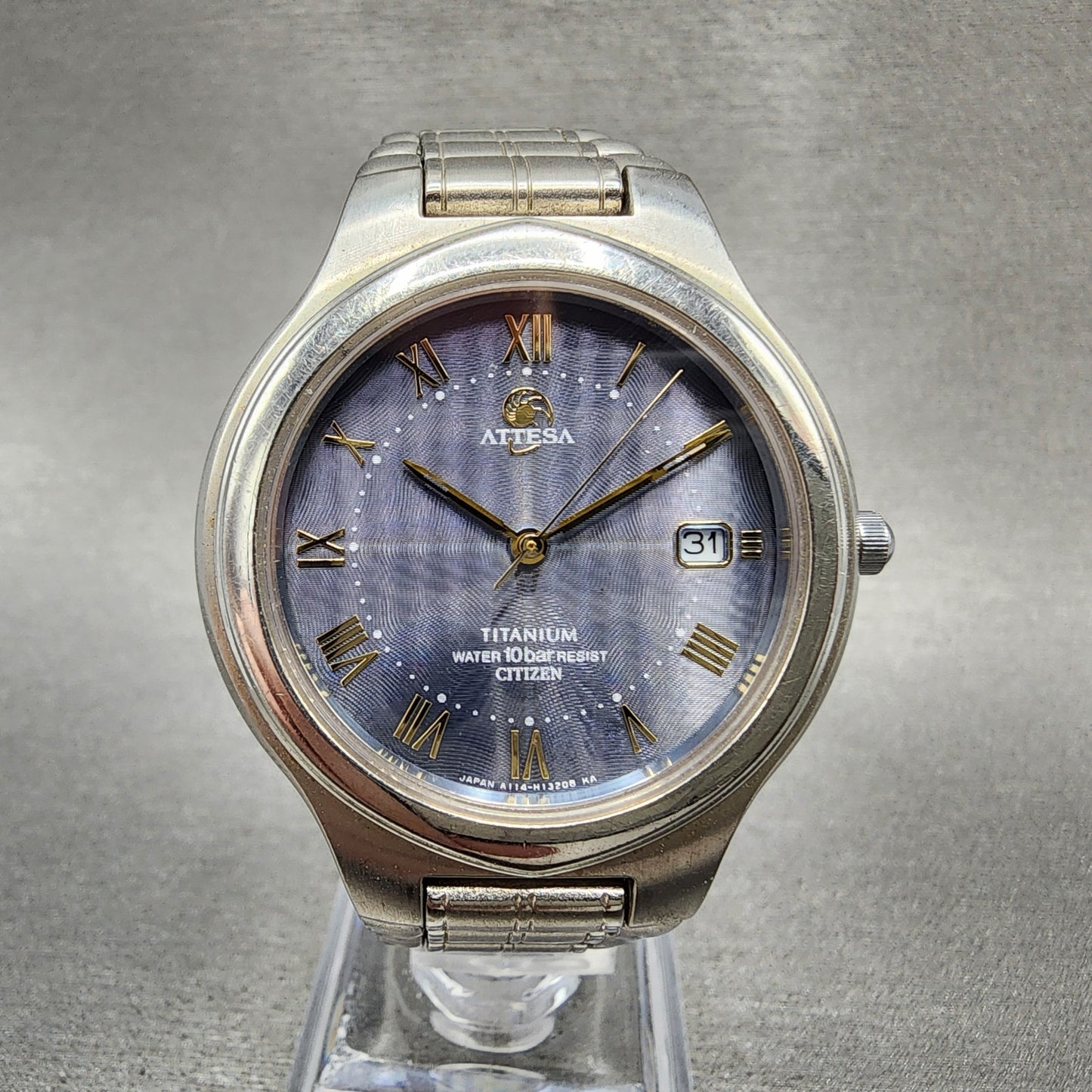 Citizen Attesa EcoDrive Watch Men 36mm Blue Dial Titanium A114H08282 Date Runs0