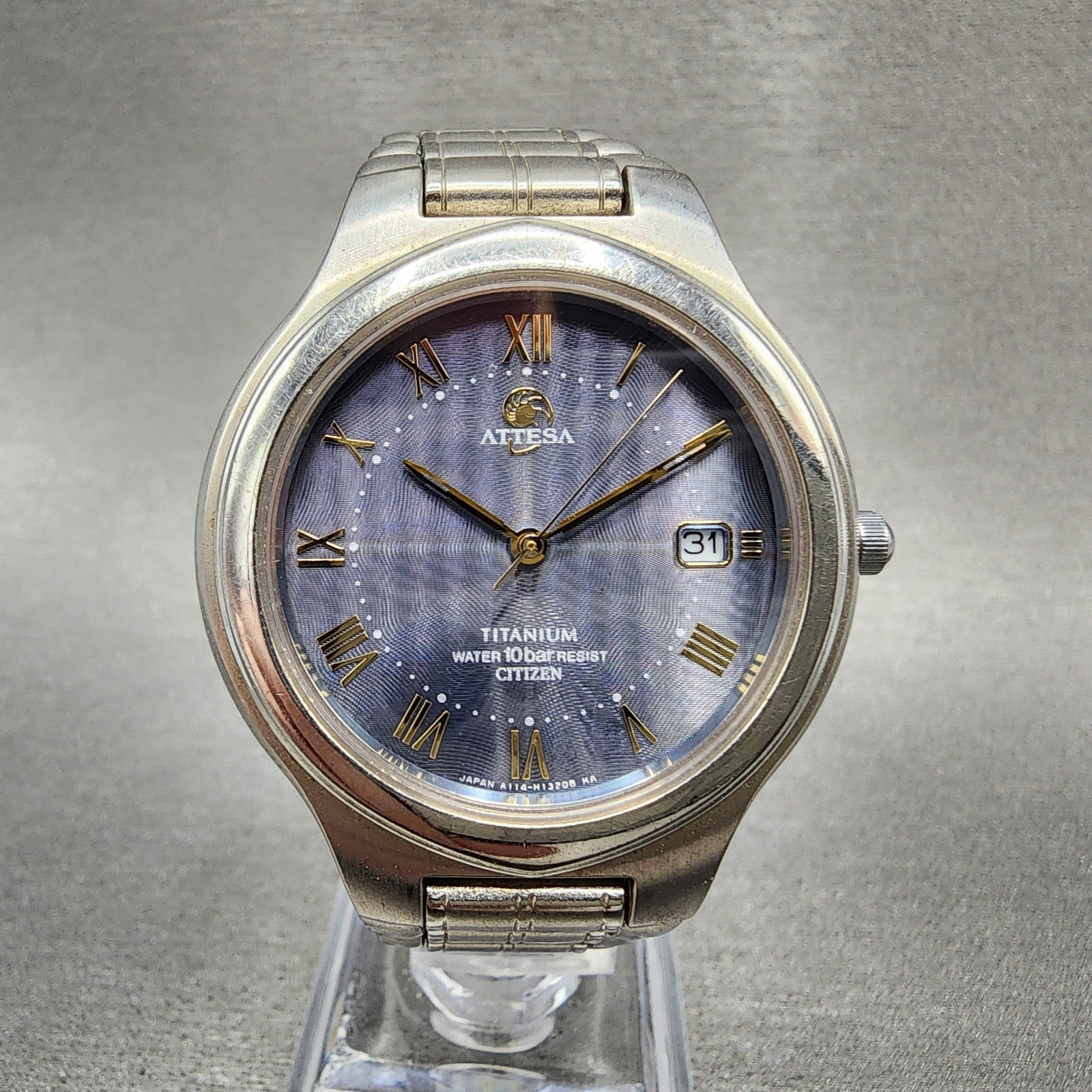 Citizen Attesa EcoDrive Watch Men 36mm Blue Dial Titanium A114H08282 Date Runs0