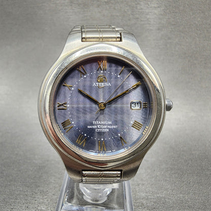 Citizen Attesa EcoDrive Watch Men 36mm Blue Dial Titanium A114H08282 Date Runs0