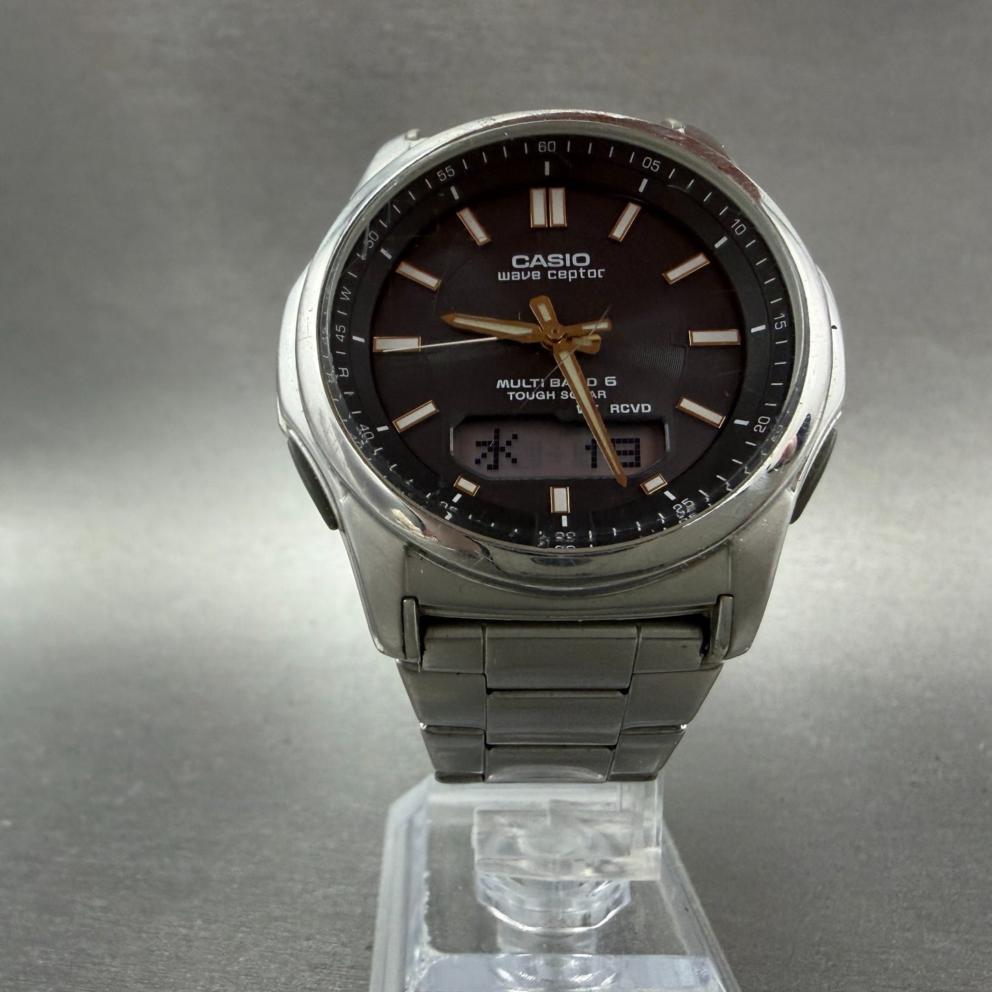 Casio Wave Ceptor  Watch Men 42mm Black Dial Steel Analog Digital Solar Runs ABL5