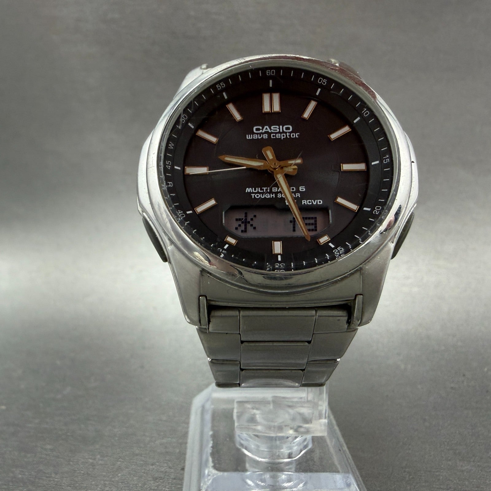 Casio Wave Ceptor  Watch Men 42mm Black Dial Steel Analog Digital Solar Runs ABL5