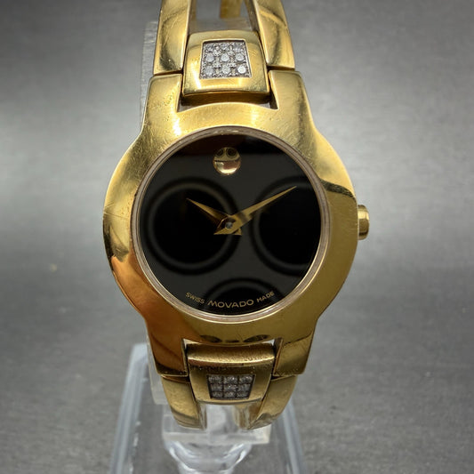 Movado Amorosa Watch Women 24mm Black Dial Gold Diamond Accents New Battery AFGC0