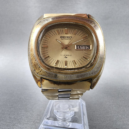 Seiko Automatic Watch Men 39mm Gold Dial Gold Tone Daydate Oval 7006-5009 Runs