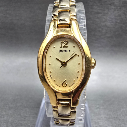 Seiko Watch Women 17mm Gold Dial Gold Tone Oval 1N01-0CS0 New Battery Vintage0