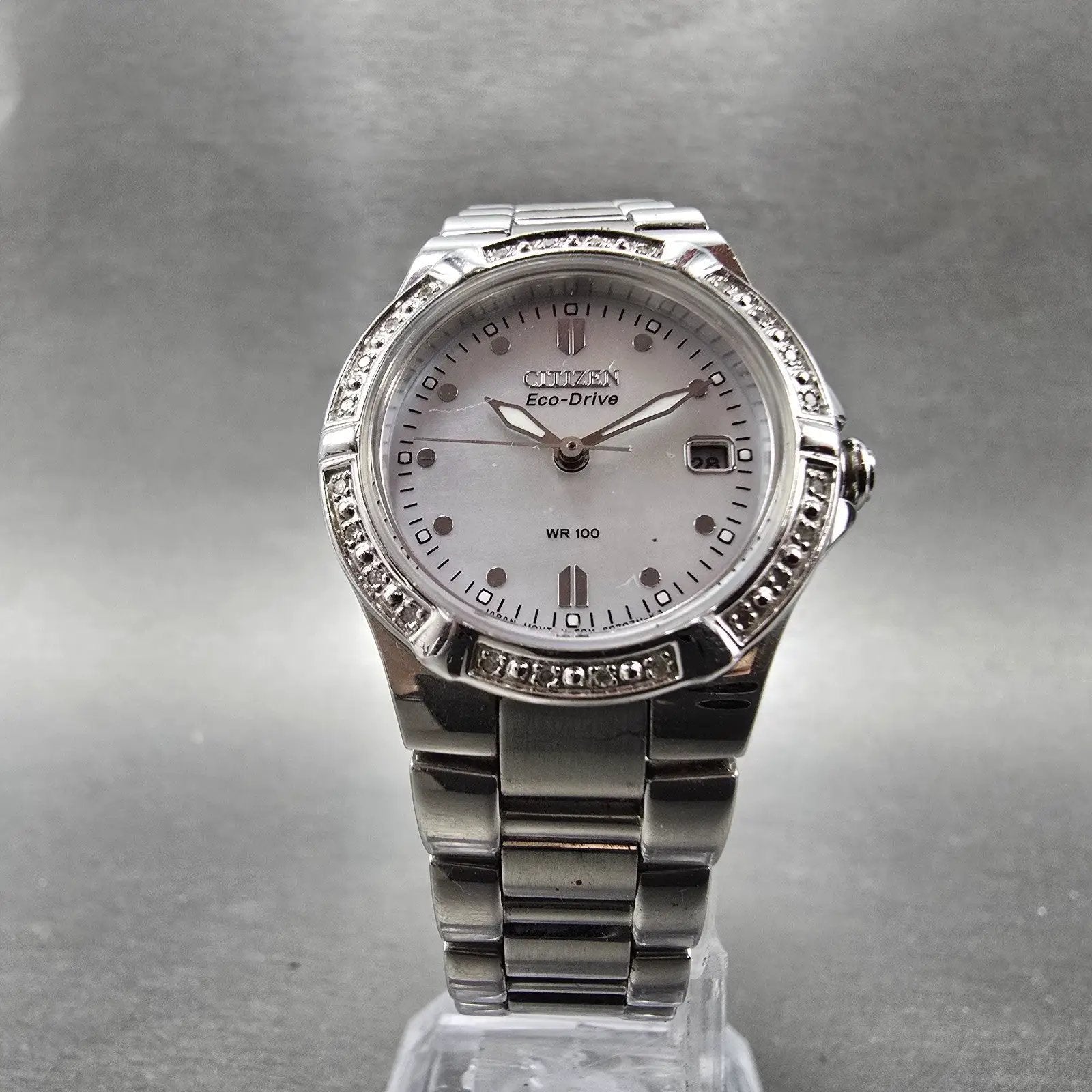 Citizen Eco-Drive Watch Women 26mm MOP Dial Silver Tone Gemmed E011-S043697 RunL5