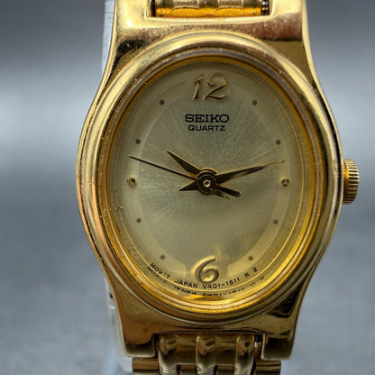 Seiko Watch Women 18mm Gold Dial Gold Tone Oval Vinatge V401-5109 New Battery HB1
