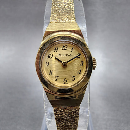 Bulova Watch Women 15mm Gold Dial Gold Tone Round Manual Wind Runs Vintage P00