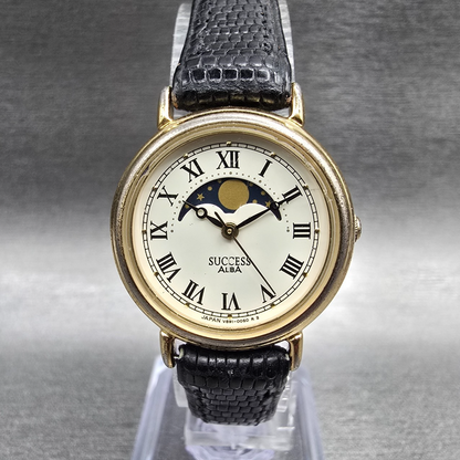 Seiko Alba Moon Phase Watch Women 25mm Ivory Dial Gold Tone V891-0050 New Batt0