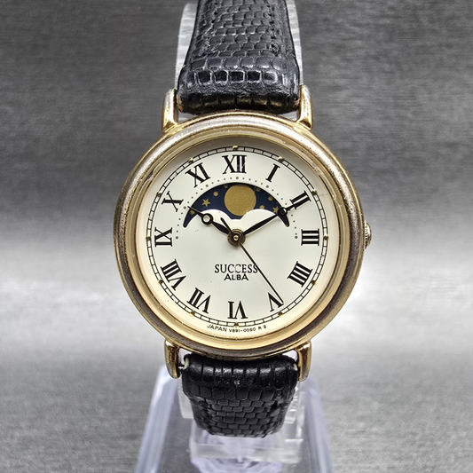 Seiko Alba Moon Phase Watch Women 25mm Ivory Dial Gold Tone V891-0050 New Batt0