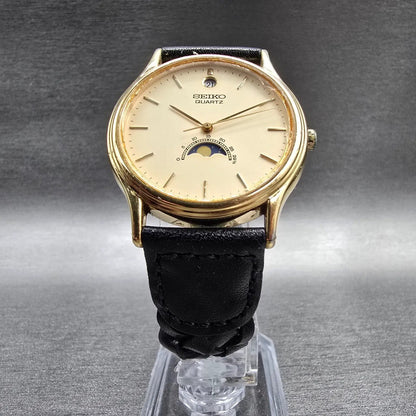 Seiko Moon Phase Watch Men 33mm Cream Dial Gold Tone Date 6F22-7000 New Battery5