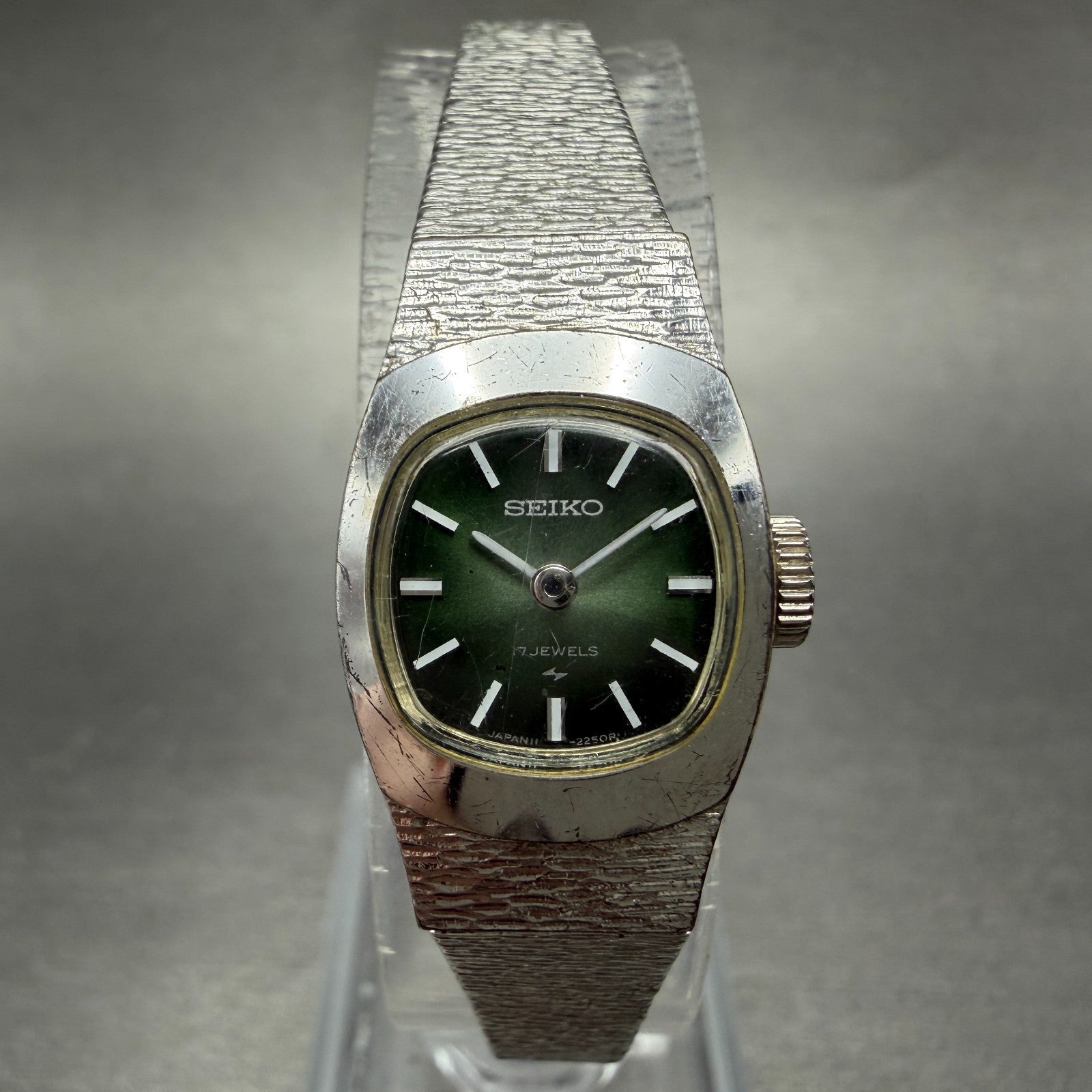 Seiko Watch Women 15mm Green Dial Silver Tone Manual Rectangle 11-3380 Runs0