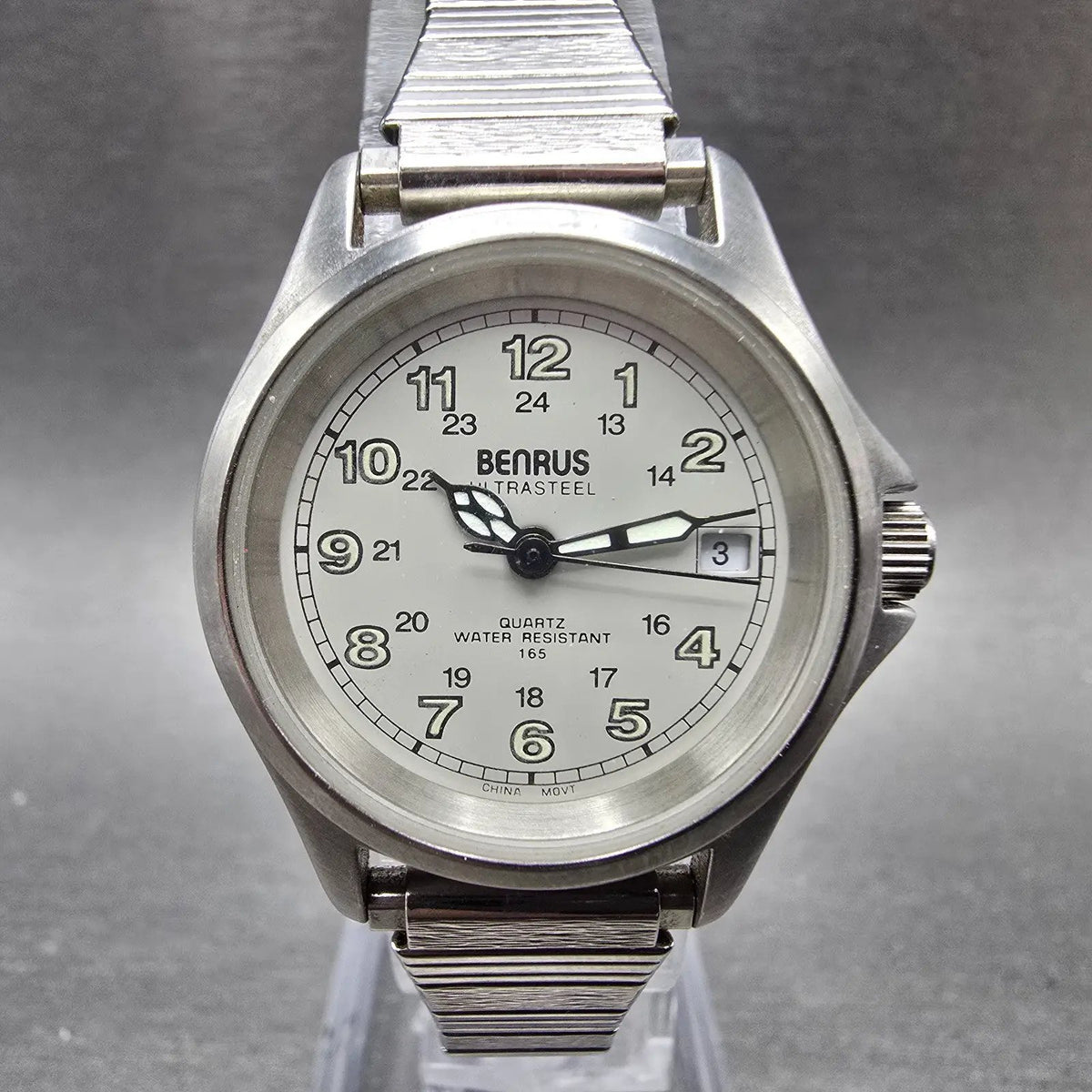 Benrus Watch Women 27mm Gray Dial Steel Date Round Military New Battery0