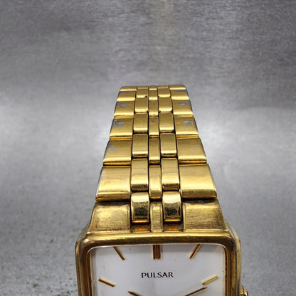Pulsar Tank Watch Men 27mm White Dial Gold Tone Date Rectangle VX32X154 New Bat4