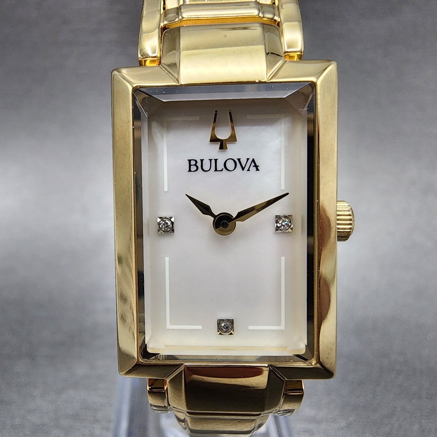 Bulova Tank Watch Women 18mm MOP Dial Gold Tone Diamond Accents New Battery1