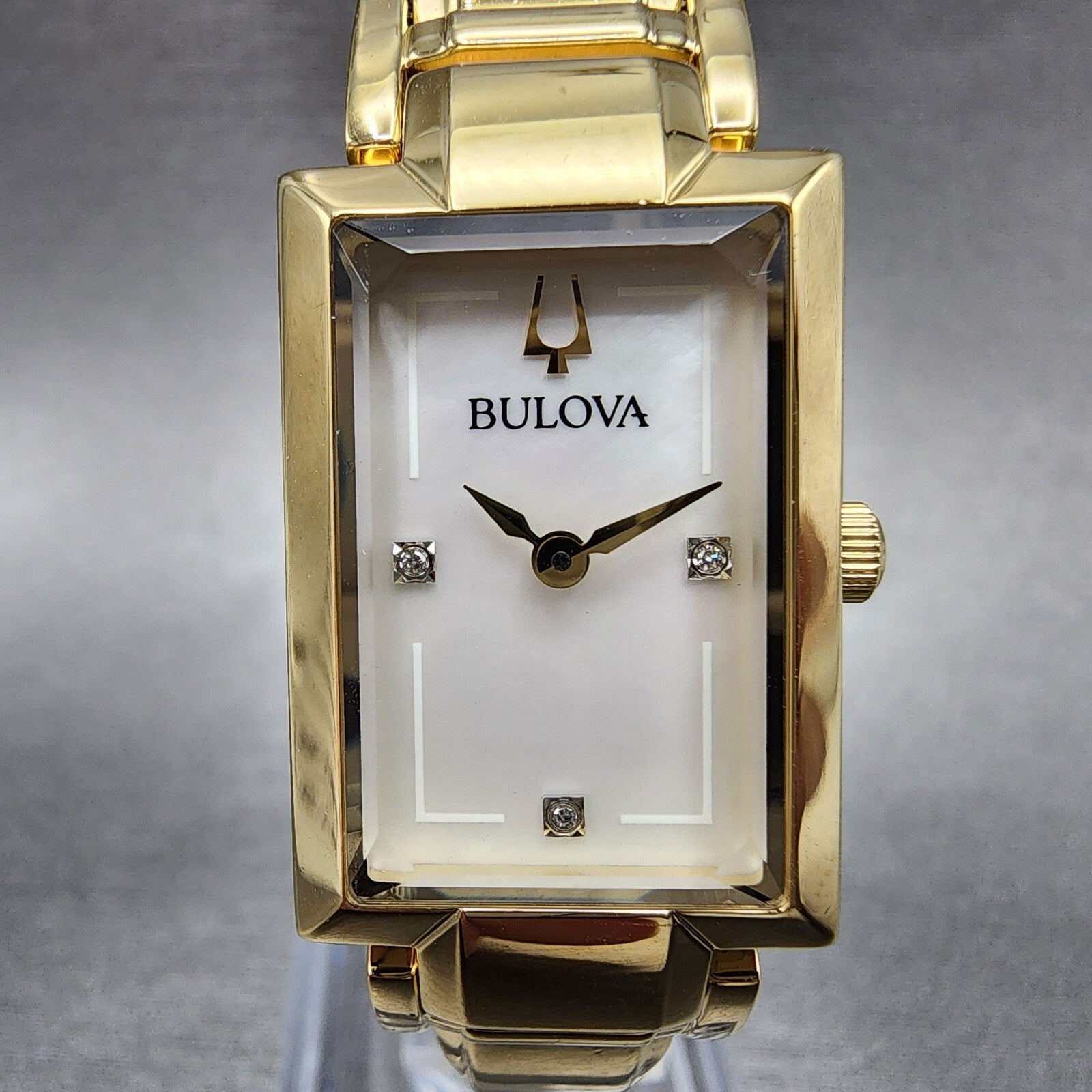 Bulova Tank Watch Women 18mm MOP Dial Gold Tone Diamond Accents New Battery1
