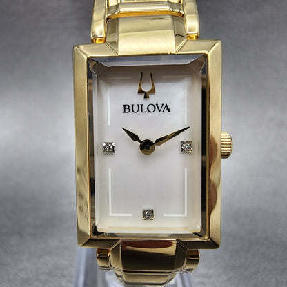 Bulova Tank Watch Women 18mm MOP Dial Gold Tone Diamond Accents New Battery1
