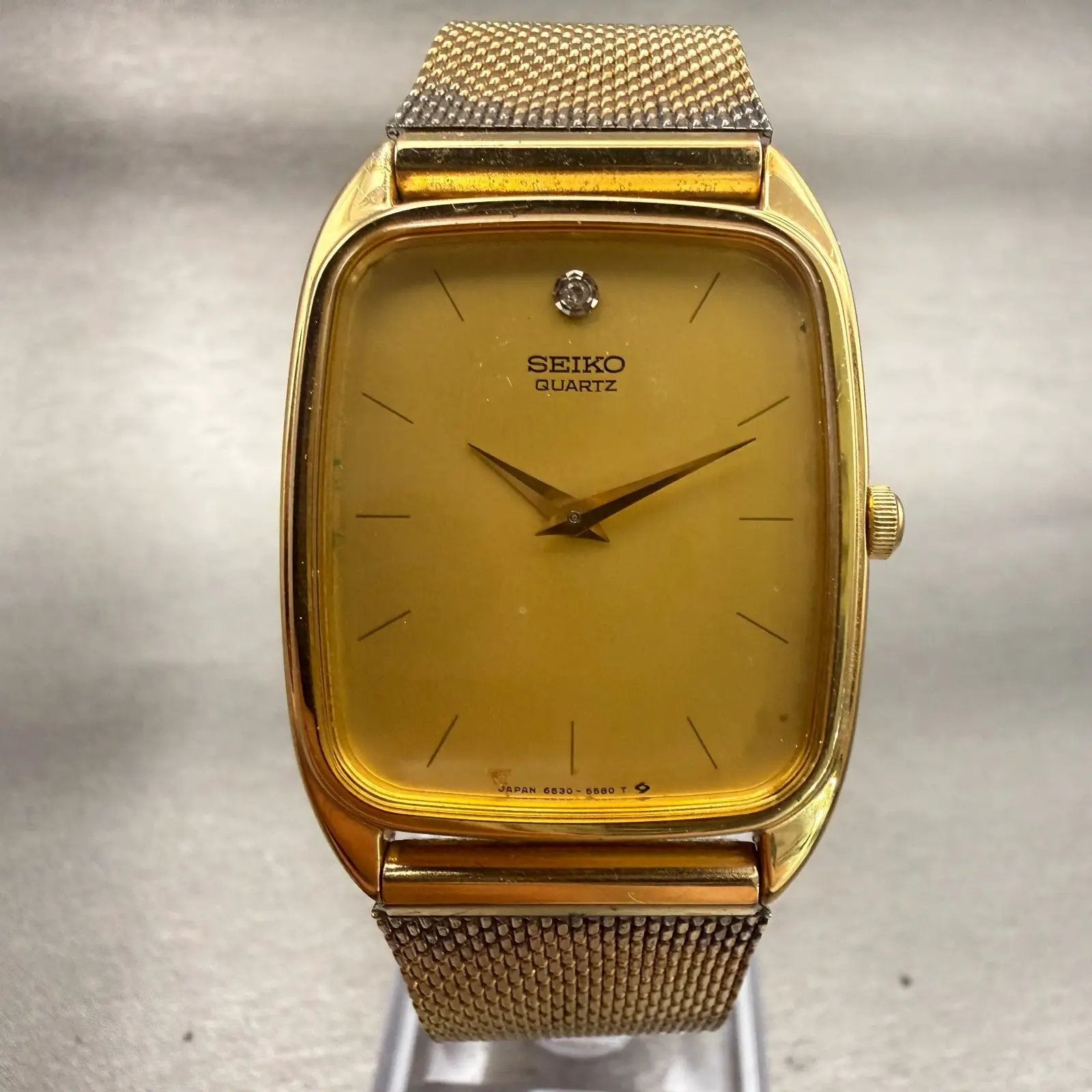 Seiko Watch Men 28mm Gold Dial Gold Tone Rectangle 6530-5329 New Battery VTG0