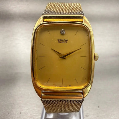 Seiko Watch Men 28mm Gold Dial Gold Tone Rectangle 6530-5329 New Battery VTG0