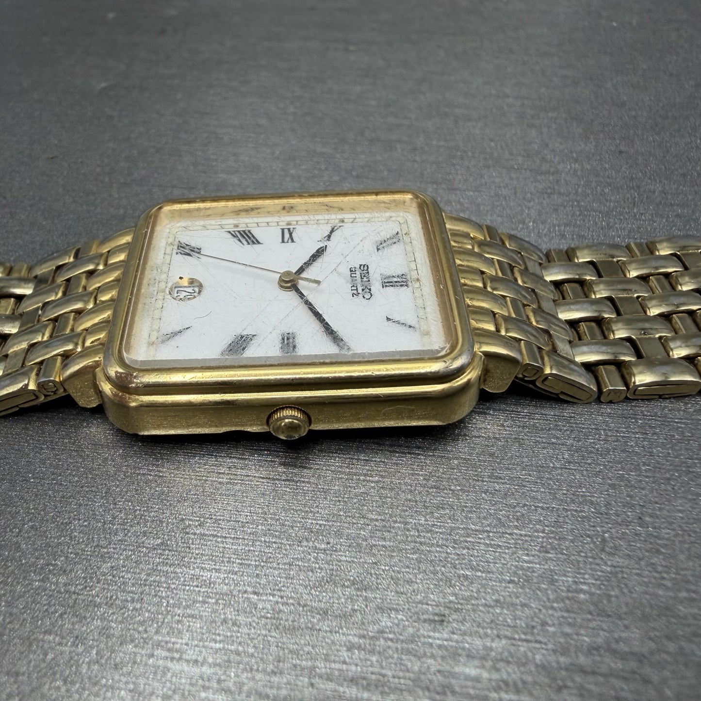 Seiko Tank Watch Men 26mm White Dial Gold Tone Date 7N225A10 New Battery READ!!3