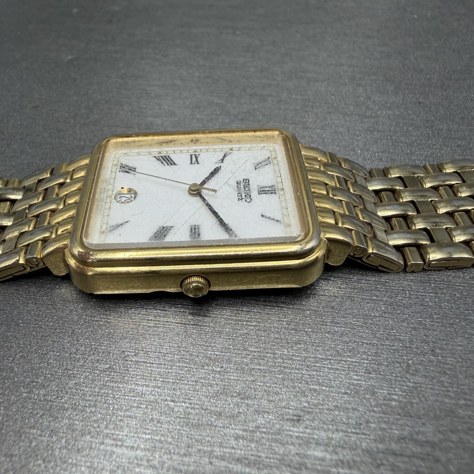 Seiko Tank Watch Men 26mm White Dial Gold Tone Date 7N225A10 New Battery READ!!3