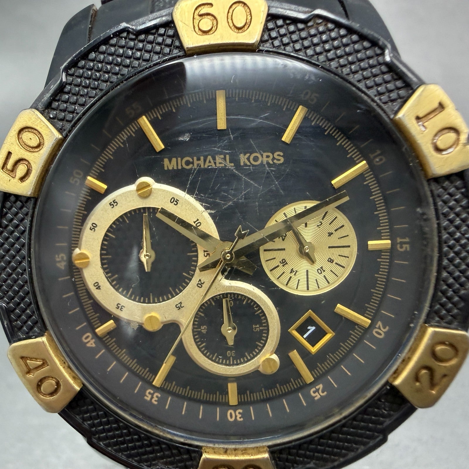 Michael Kors Chrono Watch Men 45mm Black Dial Two Tone Date Round MK-8088 NewBat1