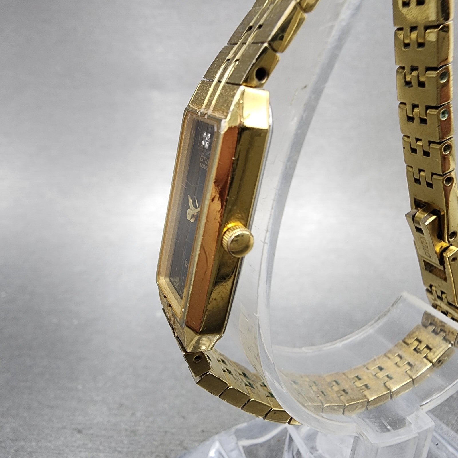 Citizen CQ Tank Watch Women 13mm Black Dial Gold Tone Rectangle New Battery VTG2