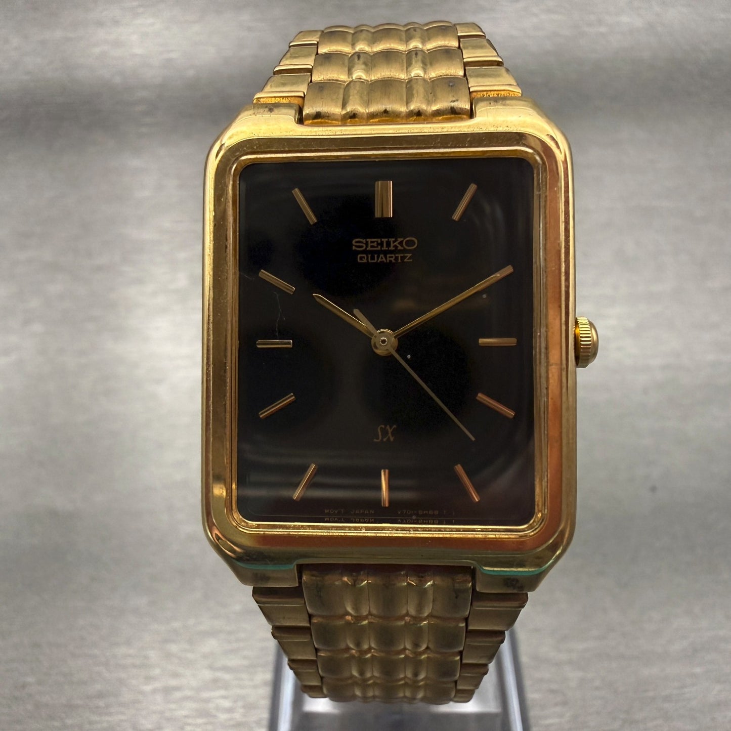 Seiko SX Watch Men 26mm Black Dial Gold Tone Rectangle V701-5J00 New Battery0
