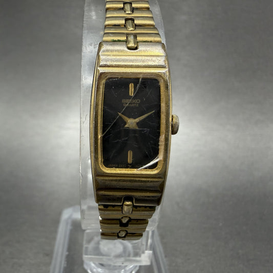 Seiko Tank Watch Women 13mm Black Dial Gold Tone Rectangle 2E206579 New Battery0