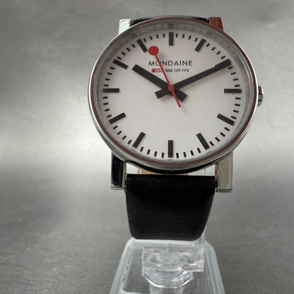 Mondaine Watch Men 35mm White Dial Steel Round Leather Band New Battery5