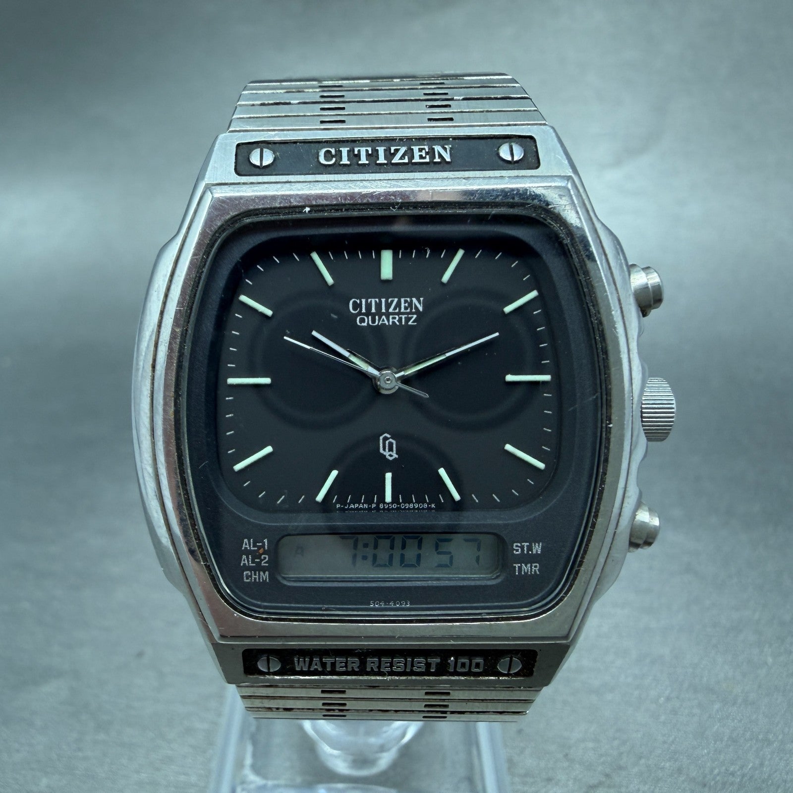 Citizen CQ Analog Digital Watch Men 35mm Black Dial Steel Rectangle New BatteryA0