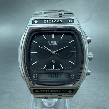 Citizen CQ Analog Digital Watch Men 35mm Black Dial Steel Rectangle New BatteryA0