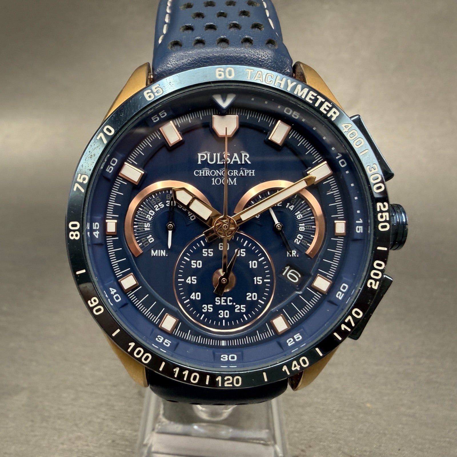 Pulsar Chronograph Watch Men 44mm Blue Dial Rose Gold Tone Date VK63-X001 Newbat0