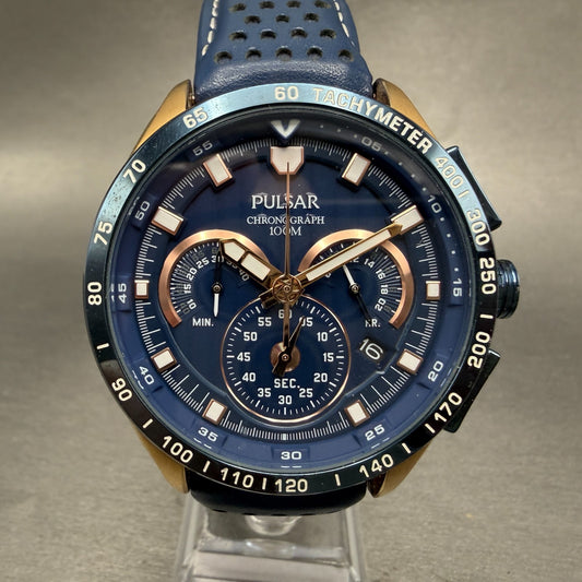 Pulsar Chronograph Watch Men 44mm Blue Dial Rose Gold Tone Date VK63-X001 Newbat0