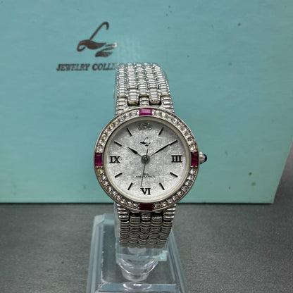 LZ Watch Women 25mm White Dial Silver Tone Ruby Bezel Round New Battery0
