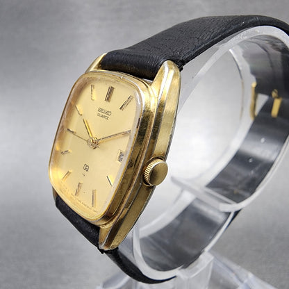 VTG Seiko SQ Watch Women 22mm Gold Dial Gold Tone Date Rectangle 85225049 Runs2