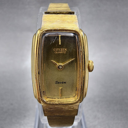 VTG Citizen Seven Watch Women 16mm Brown Dial Gold Tone Rectangle New Battery