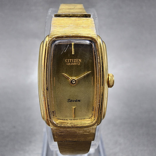 VTG Citizen Seven Watch Women 16mm Brown Dial Gold Tone Rectangle New Battery