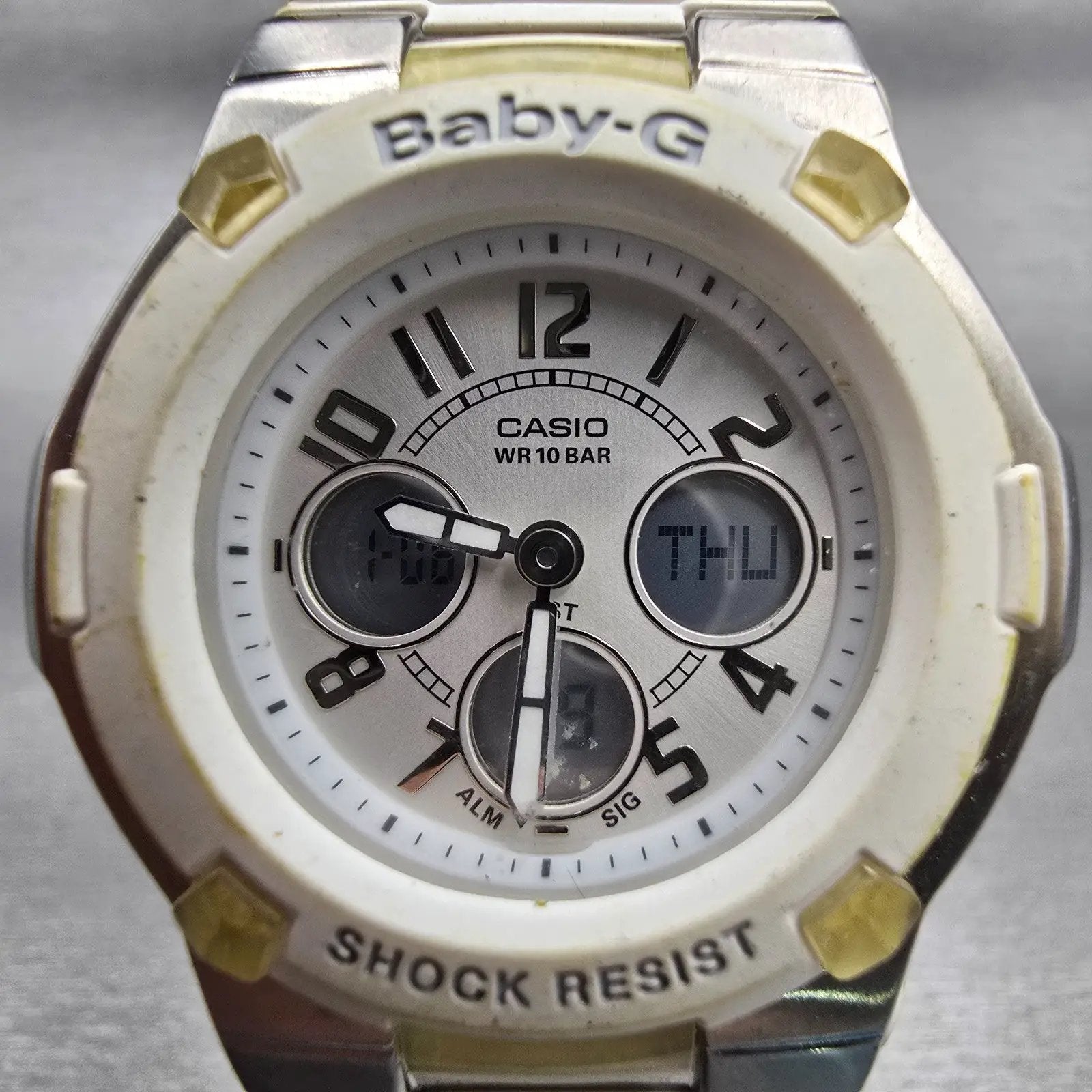 Casio Baby-G BGA-110 Watch Women 40mm White Dial Silver Chrono Alarm New Batt PF1