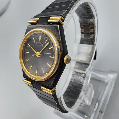 Vintage Seiko Watch Women Black Gold Tone Round 20mm 7321-0249 New Battery