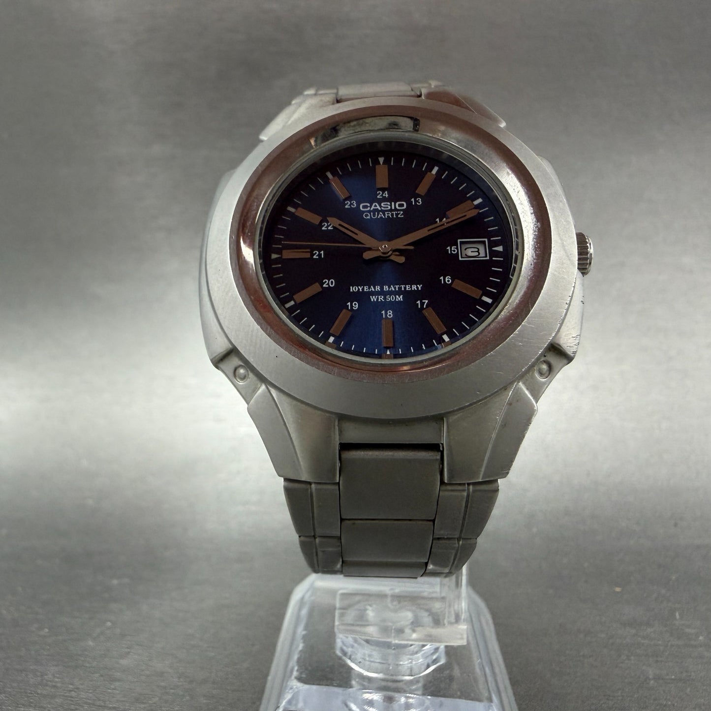 Casio MTP-3050 Watch Men 41mm Blue Dial Silver Tone Date Round New Battery ABC5