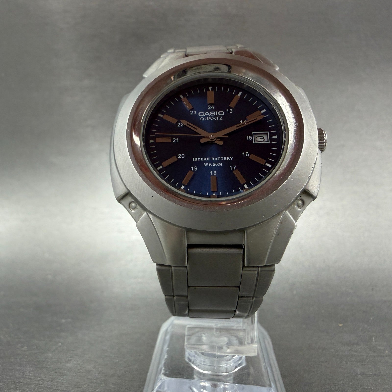 Casio MTP-3050 Watch Men 41mm Blue Dial Silver Tone Date Round New Battery ABC5