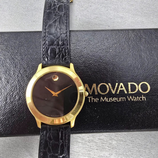 Movado Museum Watch Men 34mm Black Dial Gold Round 87-D1-844 New Battery Box0