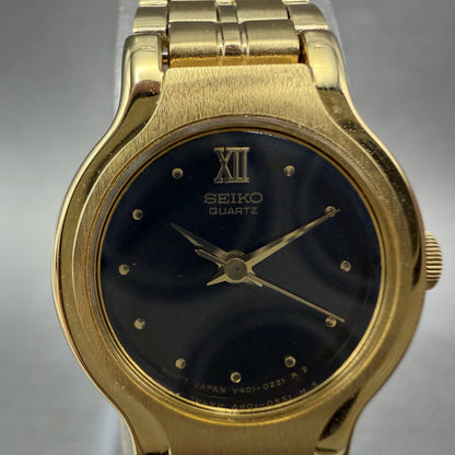 Seiko Watch Women  19mm Black Dial Gold Tone Round V4010099 New Batt NOS W/Box2