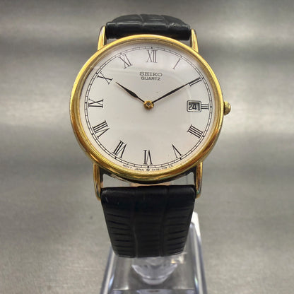 Seiko Watch Men 31mm White Dial Gold Tone Date 5Y39-7010 Vintage New Battery5