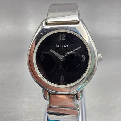 Bulova Watch Women 25mm Black Dial Silver Tone Round 96L18 Bangle New Battery0